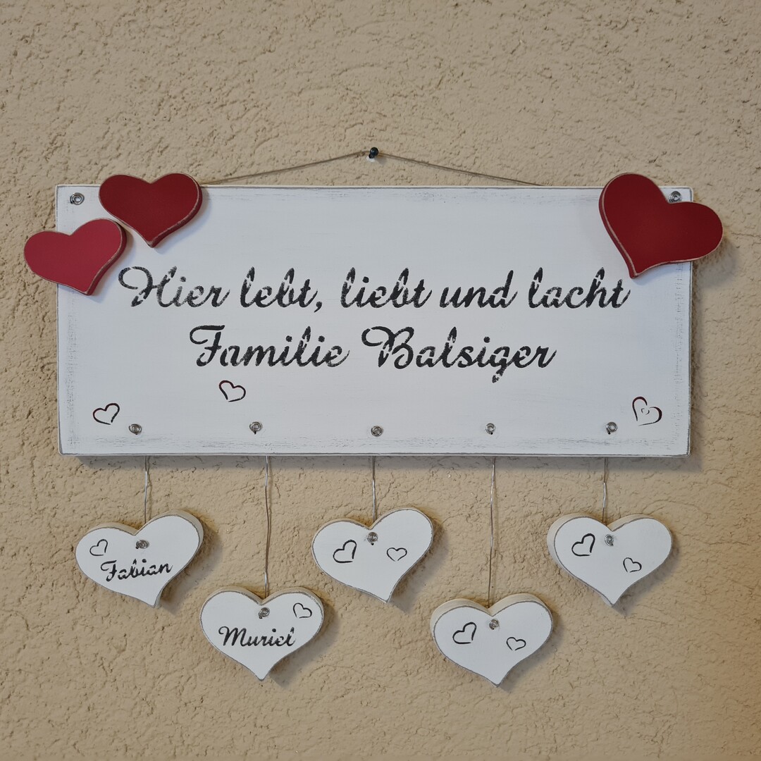 Familien Türschild mit Herzen